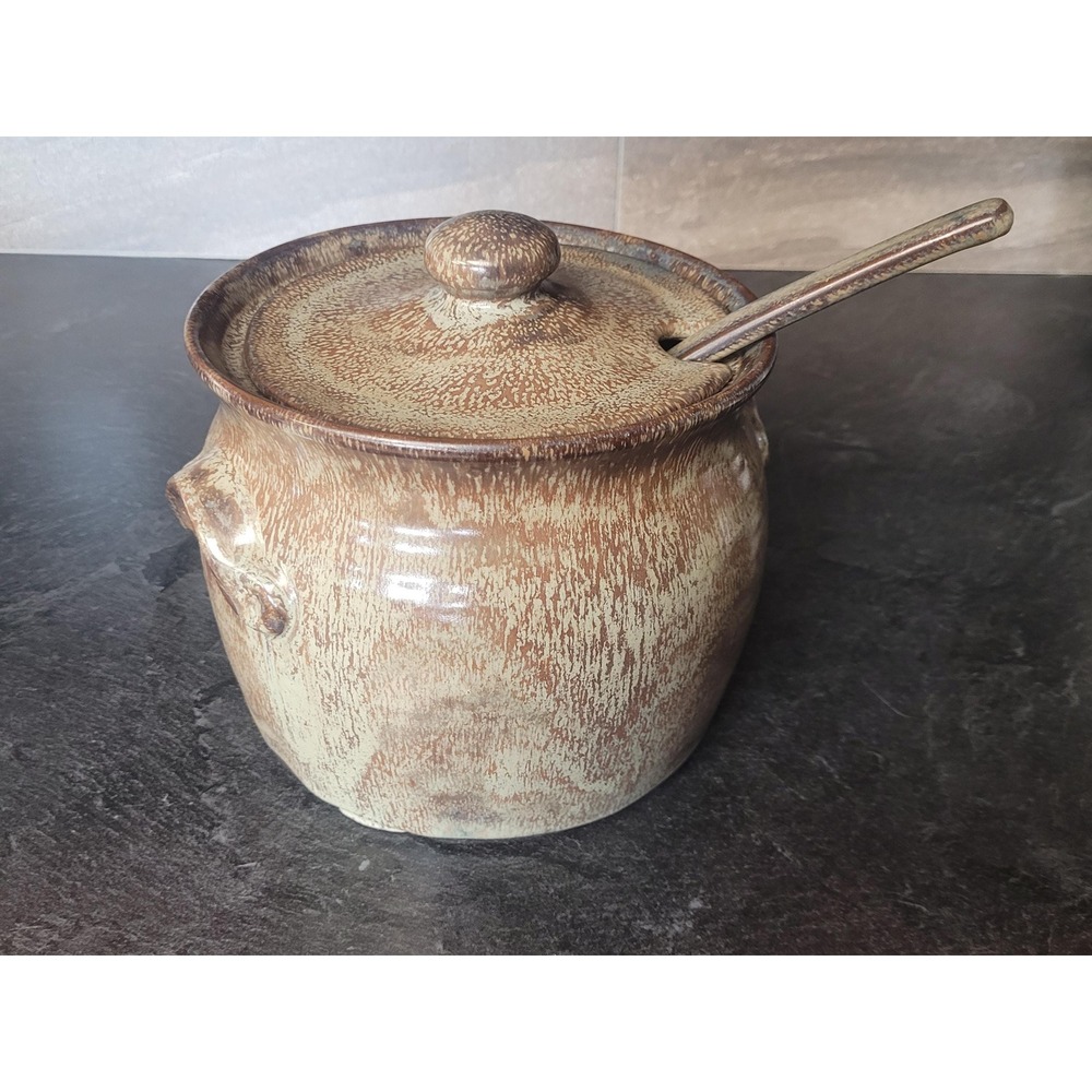 Vintage Studio Pottery Lidded Bean Pot Crock wi Matching Ladle Salt Glaze Brown